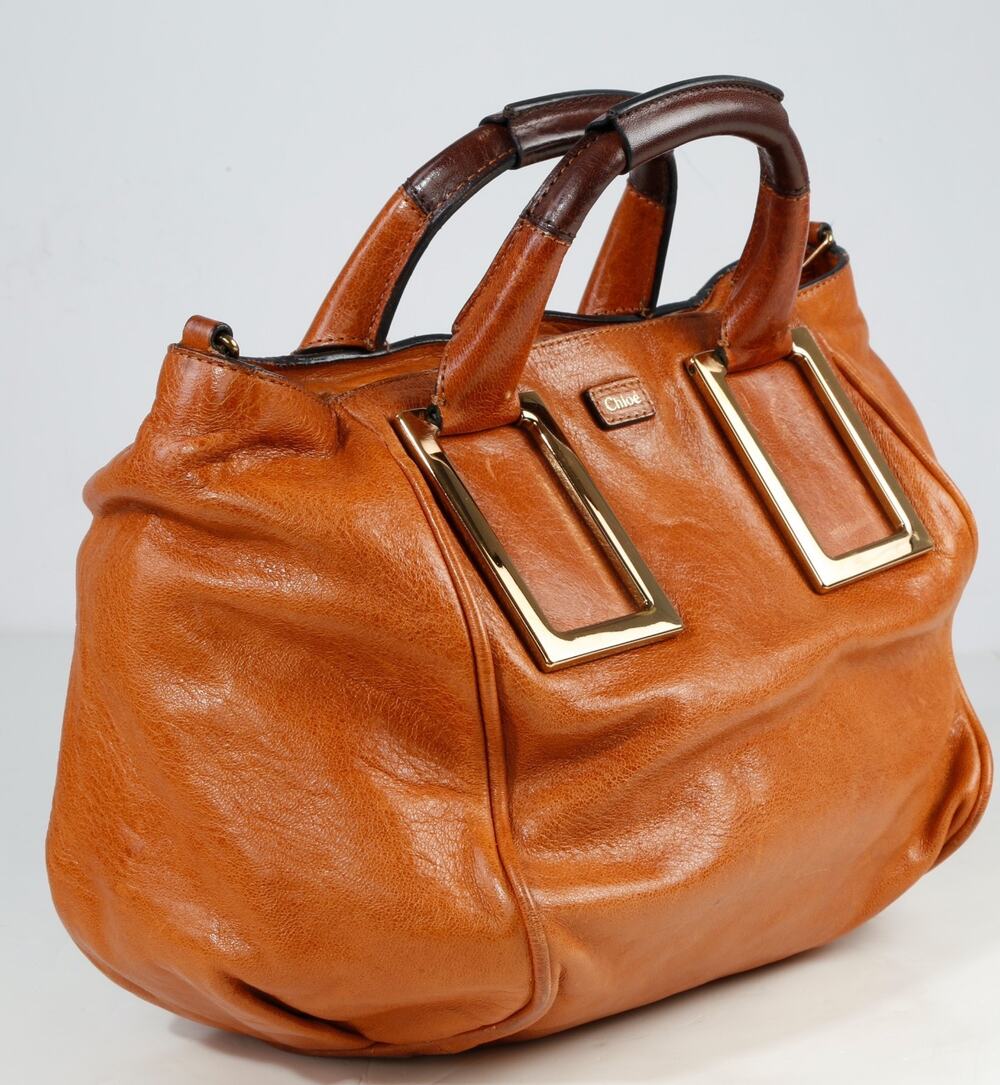 Vintage Chloe Cognac Tan Leather Ethel Satchel Tote Bag Handbag Brass Gold